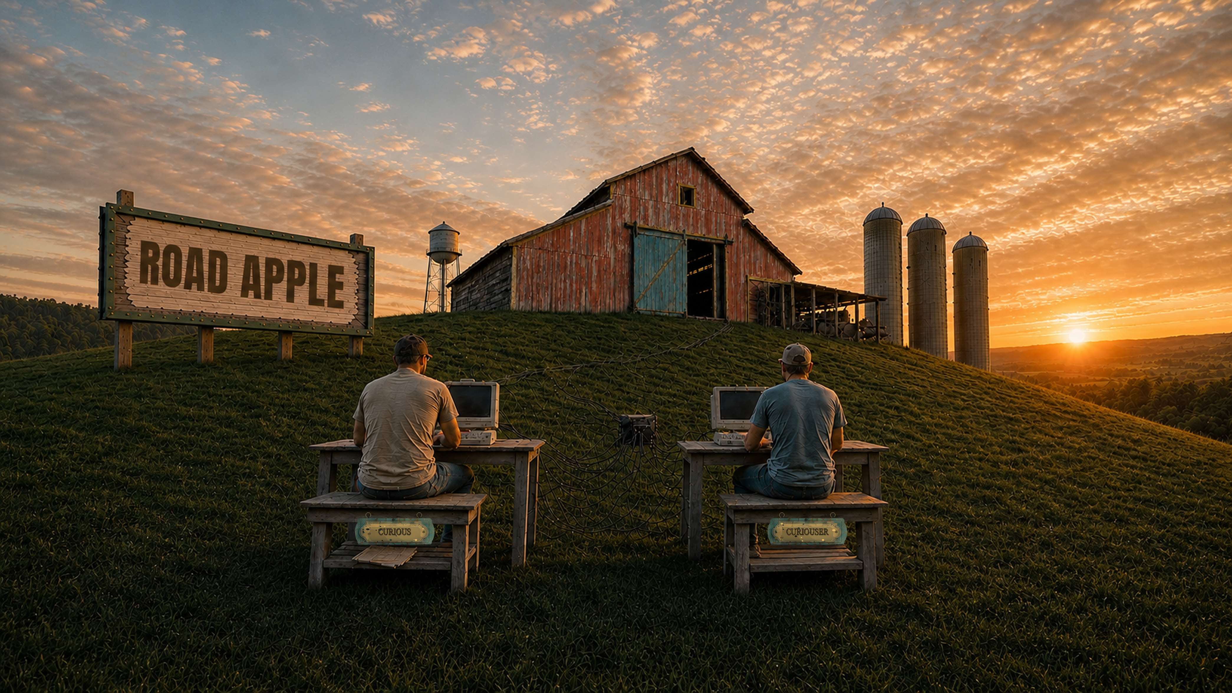 Wide view of the Road Apple farm workshop in warm evening light, with two creators working at benches below the barn and silos.